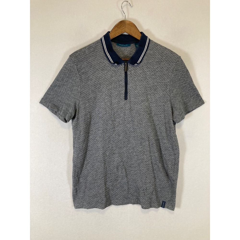 Preppy Perry Ellis Mens Medium Gray Micro Dot Quarter Zip Tipped Polo Shirt